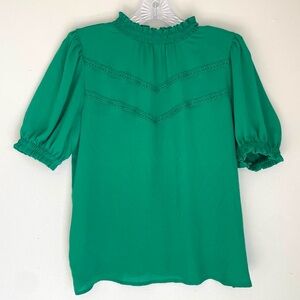 LOFT Green Ruffle Neck Puff Sleeve Blouse | Cottagecore Work Top
